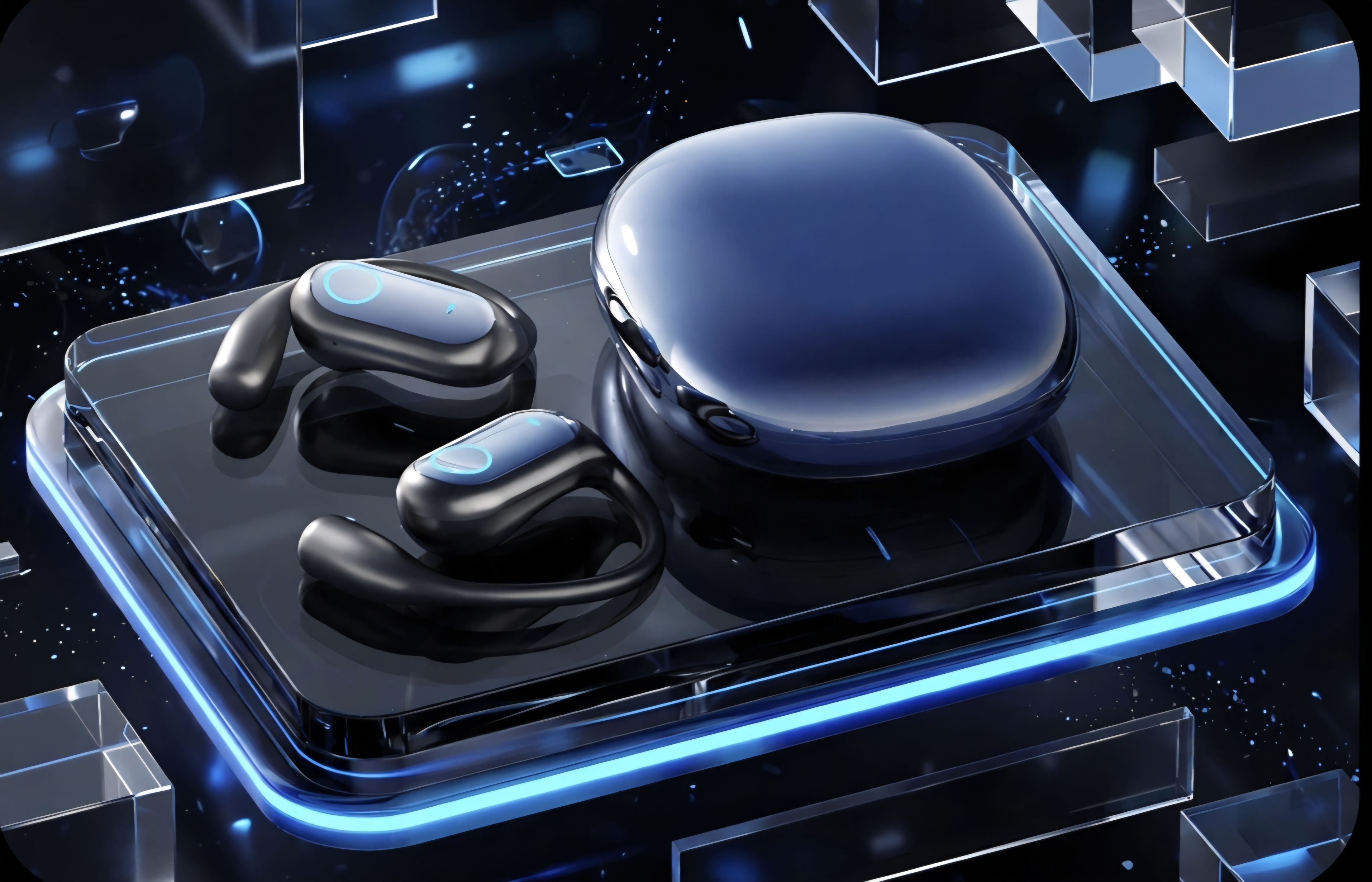 Q17 Open-Ear Wireless Earbuds — Electroplated Gem Blue finish with ear-hook design