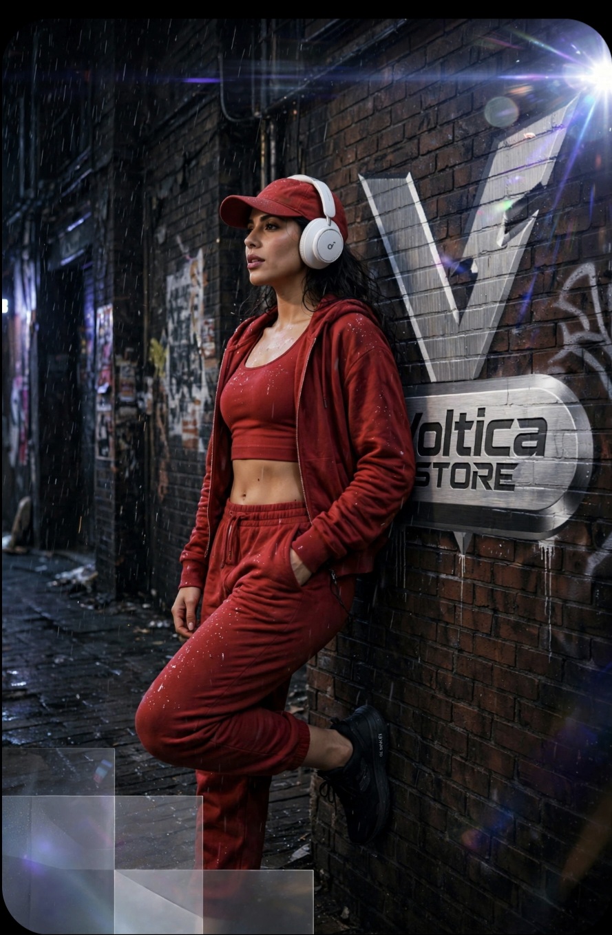 Voltica Store urban campaign — listener wearing premium wireless headphones against a brick wall