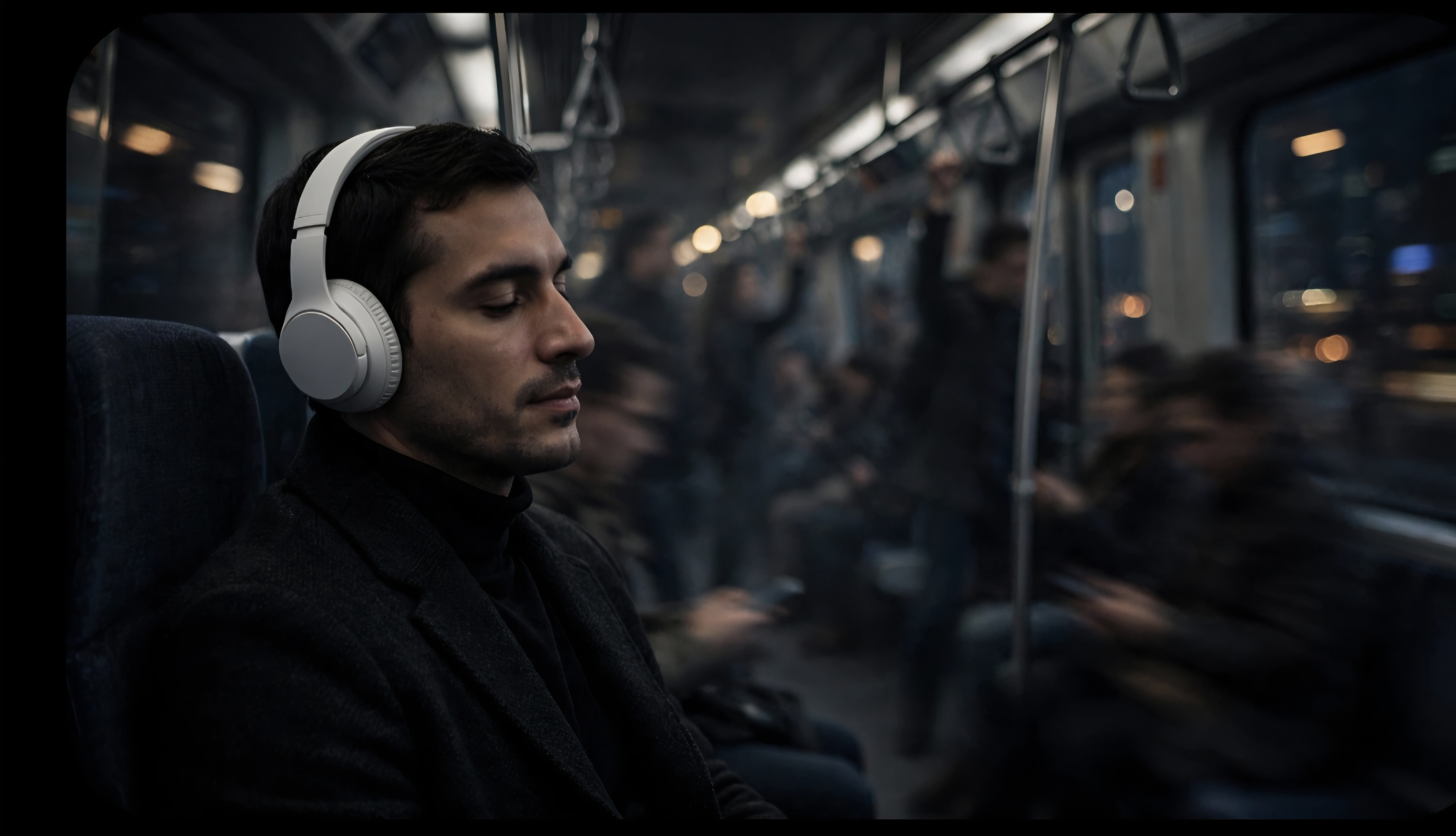 Commuter wearing Anker Soundcore Space Q45 headphones on a moving train