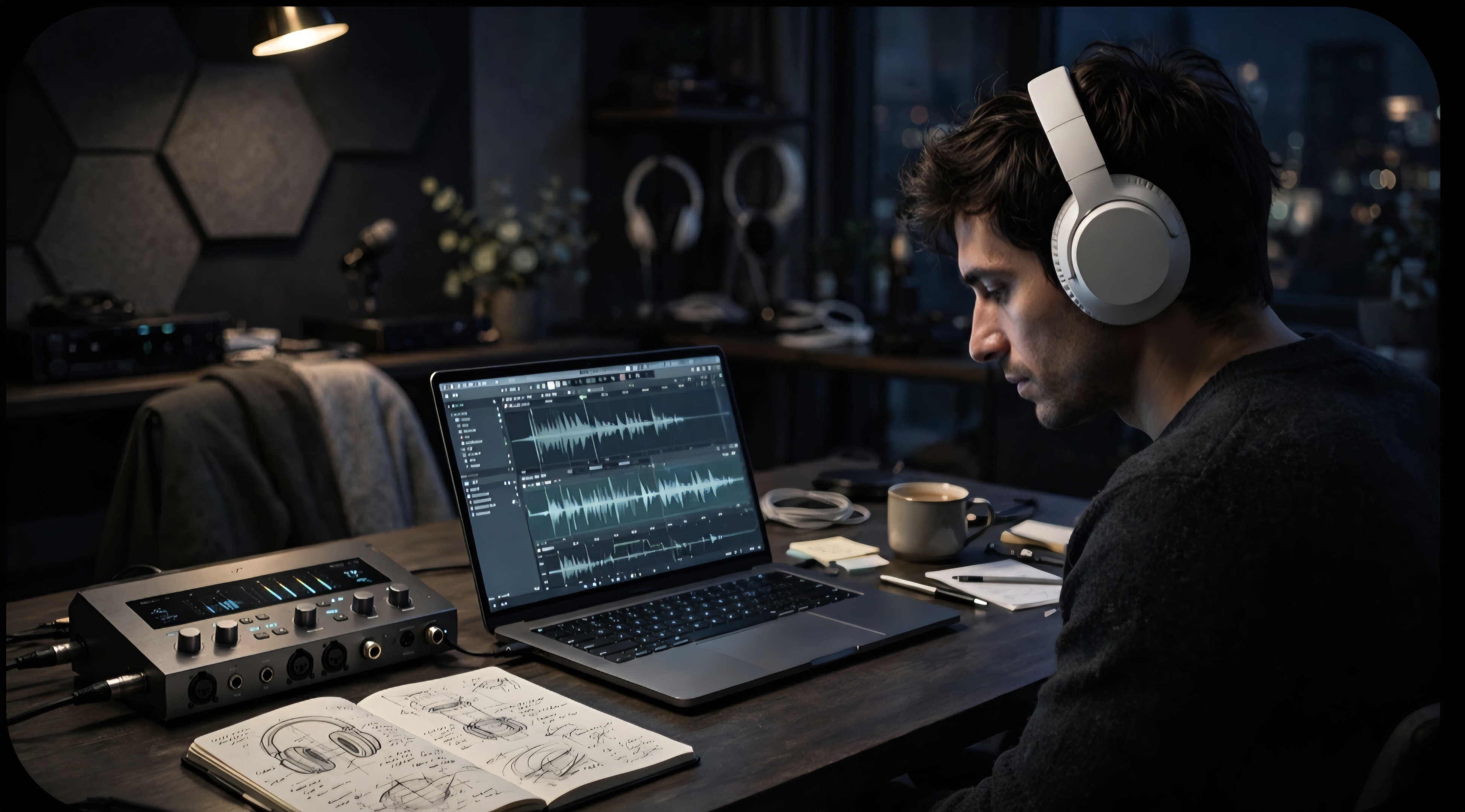 Listener analysing audio waveforms on a laptop while wearing the Space Q45 in a studio workspace