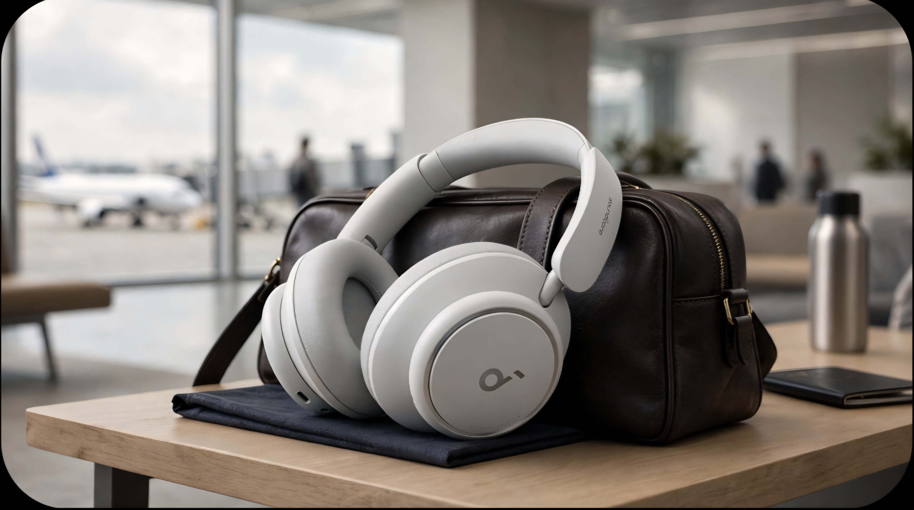 Anker Soundcore Space Q45 headphones resting on a leather travel bag in an airport lounge