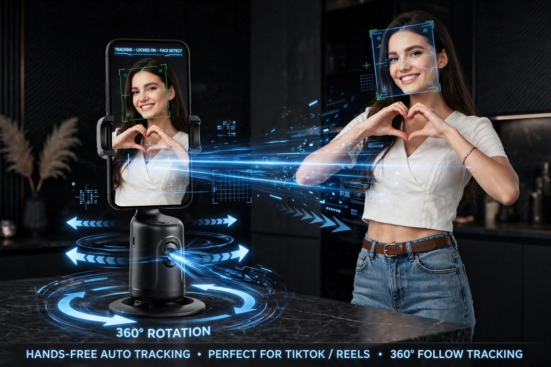 360° Auto Face Tracking Smart Gimbal — AI Gesture Control for TikTok & VLOGs