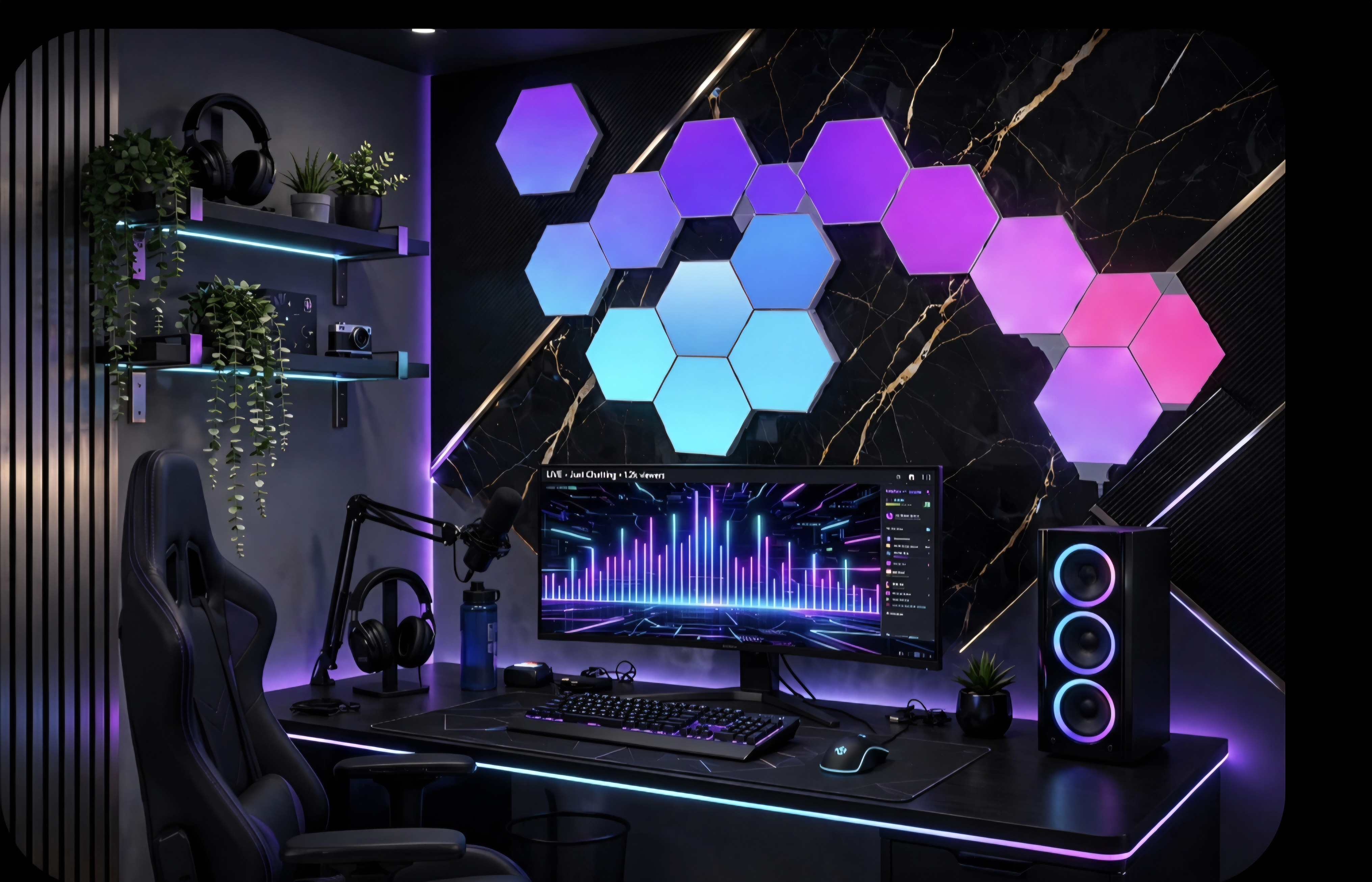 Hexagonal Smart RGB Sound-Activated Quantum Light Panels — Modular gaming setup lighting